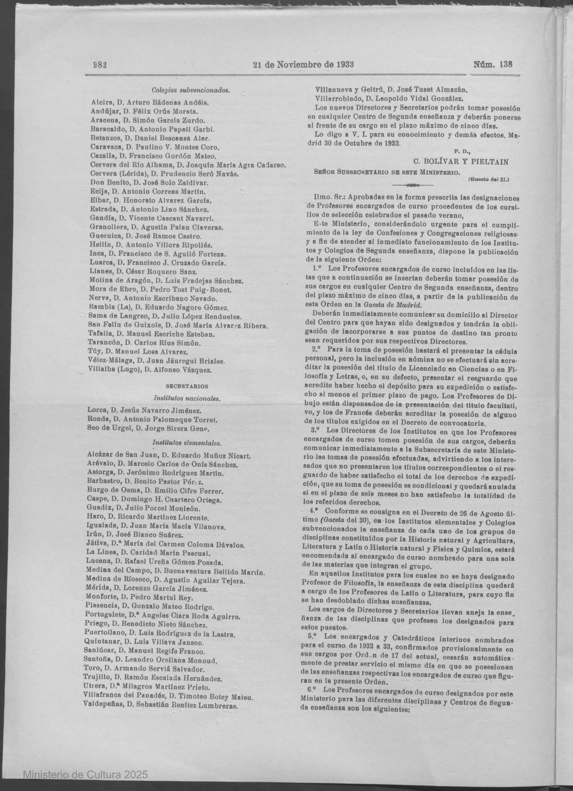 Orden y profesores designados · impresa 982